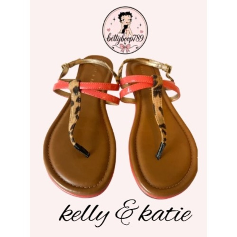 Kelly & Katie Womens Coral Pink Leopard Print Thong Ankle Strap Sandals 6.5